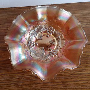 Vintage Fenton Grape and Leaf Marigold Carnival Glass Ruffled Bowl